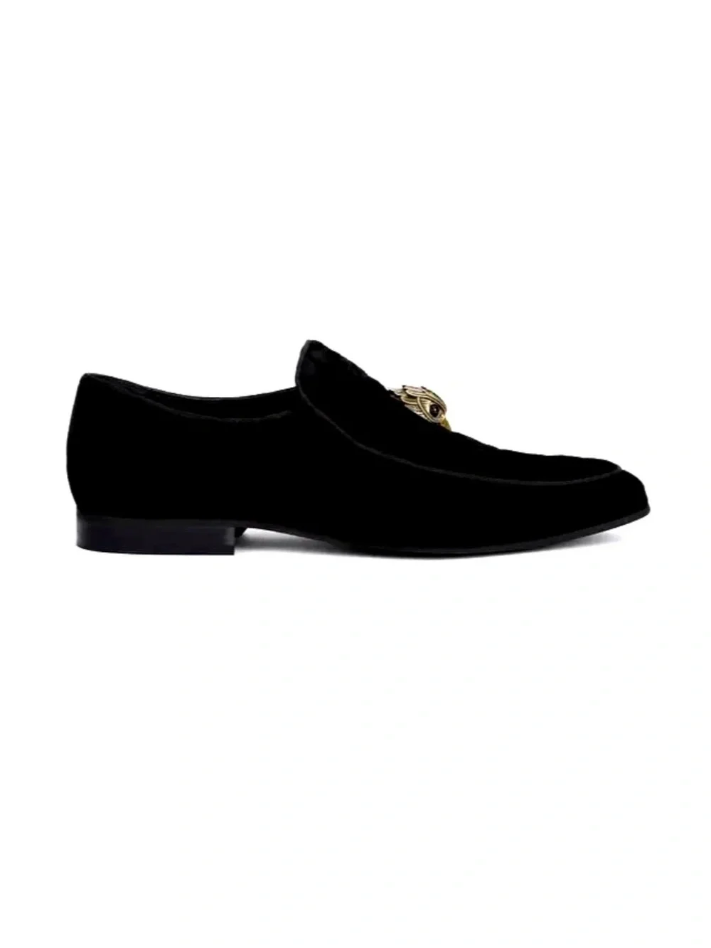 Kurt Geiger Black Velvet Slip-On Loafers with Gold Bird Emblem